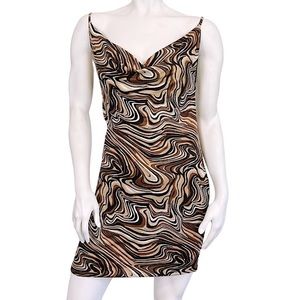 WEAREVER Brown Swirl Oil Slick Cowl Neck Backless Mini Bodycon Dress
